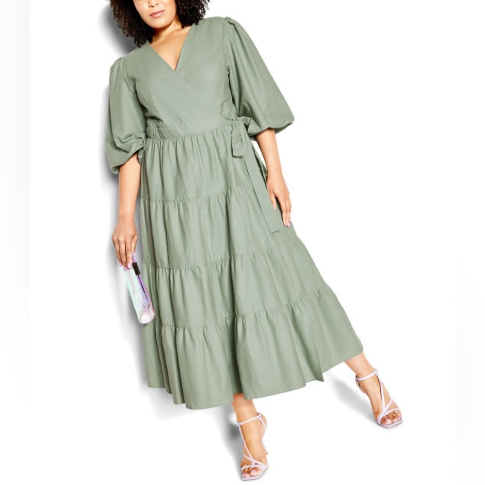 CITY CHIC English Rose Linen & Cotton Wrap Maxi Dress, Clover